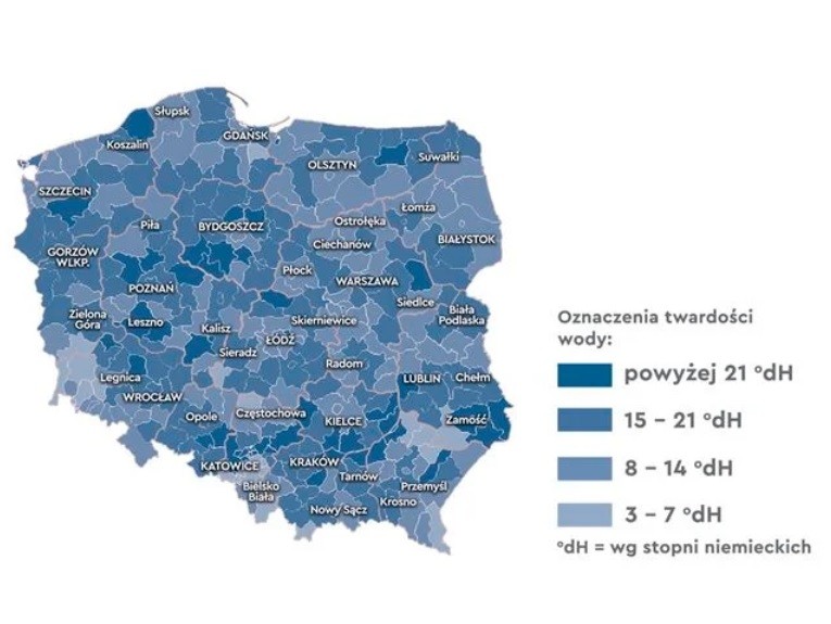 Mapa twardości wody w Polsce