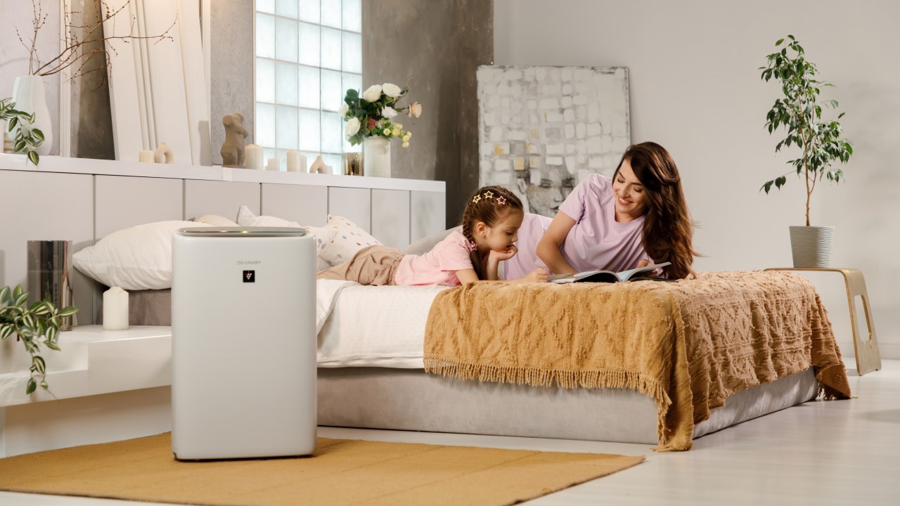 Oczyszczacz powietrza z generatorem jonów Plasmacluster HD 25000 Sharp KI-N42EU-L  w sypialni - aranżacja