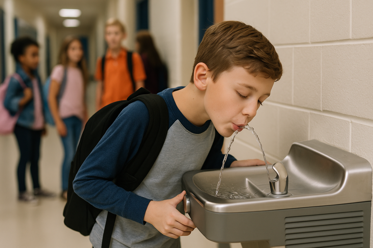 Chłopak pije wodę w szkole