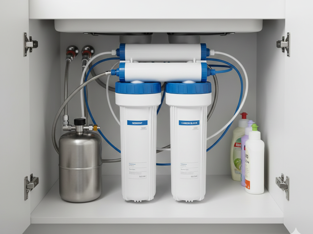 Filtr podzlewowy umieszczony w kuchennej szafce