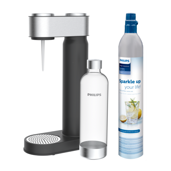 Saturator do gazowania wody Philips, kolor czarny. Kompletne urządzenie z cylindrem CO2 i butelką do gazowania.