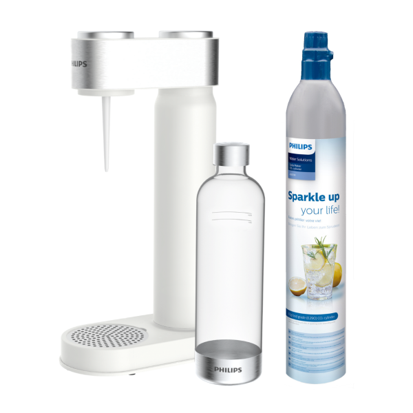 Saturator do gazowania wody Philips, kolor biały/srebrny. Kompletny syfon Philips z butelką do gazowania i cylindrem z gazem CO2.