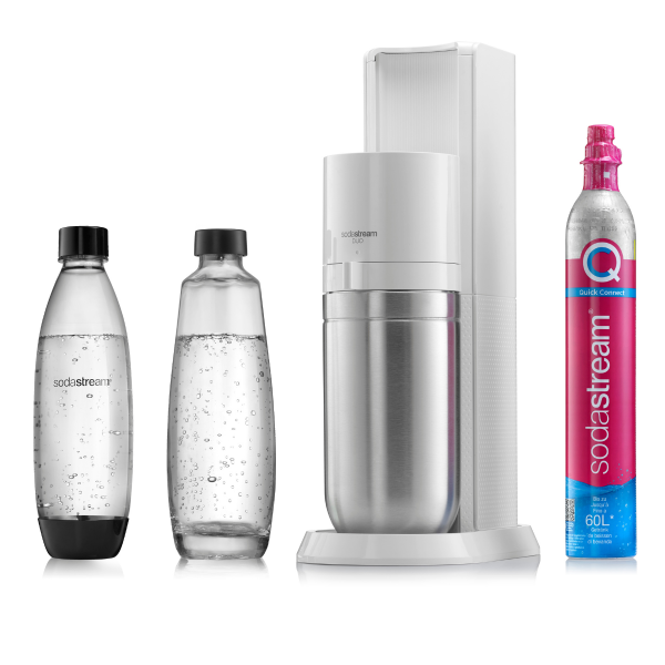 Saturator SodaStream DUO biały komplet z gazem i 2 butelkami szklaną i z tworzywa. Woda gazowana na wyciągnięcie ręki.