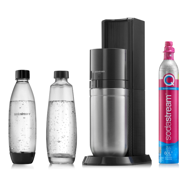 Saturator SodaStream DUO czarny komplet z gazem i 2 butelkami szklaną i z tworzywa. Elegancki i nowoczesny saturator do gazowania wody.