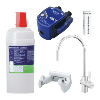 BRITA kompletny zestaw MyPure Professional głowica, wkład C1000 AC, kran LED, uchwyt, tester twardości.