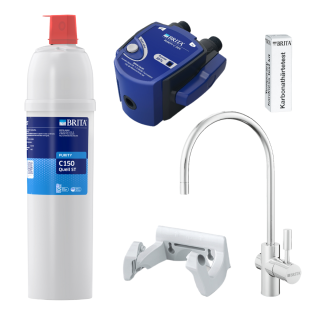 BRITA zestaw MyPure Professional głowica, wkład C150 Quell ST, kran LED, uchwyt, tester twardości.