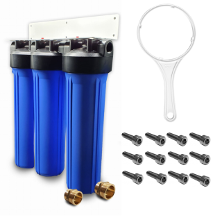 Zestaw filtrów na cały dom. Trzy korpusy BB20 + stelaż montażowy + zestaw wkładów filtrujących. Klucz gratis!