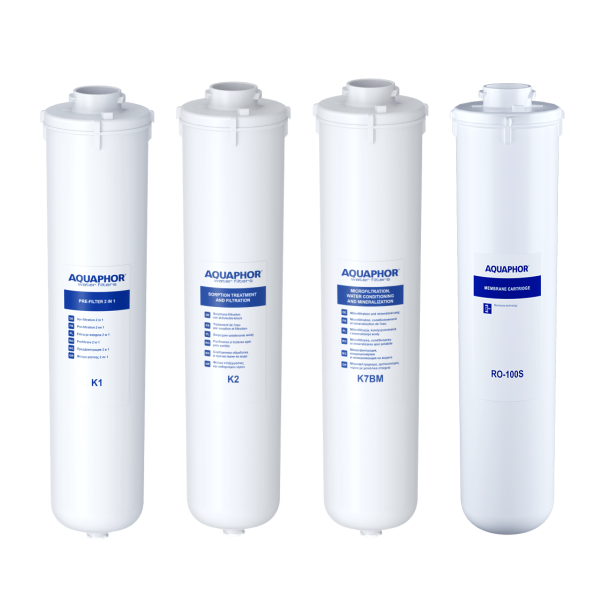 Pełny zestaw wkładów do filtra wody Aquaphor RO202S + membrana RO100S.  Wkład K1 + K2 + K7BM + RO100S. Oryginalne filtry wymienne na pełny serwis Aquaphor RO-202S.