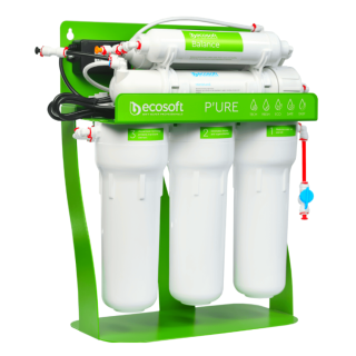Filtr odwróconej osmozy BWT Ecosoft Pure Balance z pompą na metalowym stojaku.  Polecany filtr do wody z mineralizatorem.