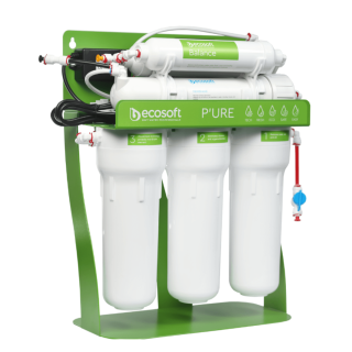 Filtr odwróconej osmozy BWT Ecosoft Pure Balance z pompą na metalowym stojaku.  Polecany filtr do wody z mineralizatorem.