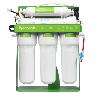 Filtr odwróconej osmozy BWT Ecosoft Pure Balance z pompą na metalowym stojaku.  Polecany filtr do wody z mineralizatorem.