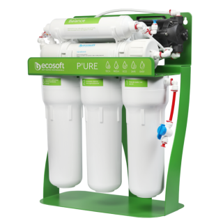 Filtr odwróconej osmozy BWT Ecosoft Pure Balance z pompą na metalowym stojaku.  Polecany filtr do wody z mineralizatorem.