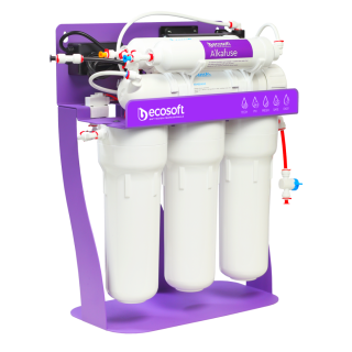 Filtr odwróconej osmozy BWT Ecosoft Pure Alkafuse z pompą na metalowym stojaku. Filtr z wodą alkaiczną Ecosoft MO675MALCPSECO.