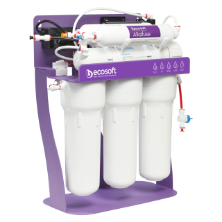 Filtr odwróconej osmozy BWT Ecosoft Pure Alkafuse z pompą na metalowym stojaku. Filtr z wodą alkaiczną Ecosoft MO675MALCPSECO.