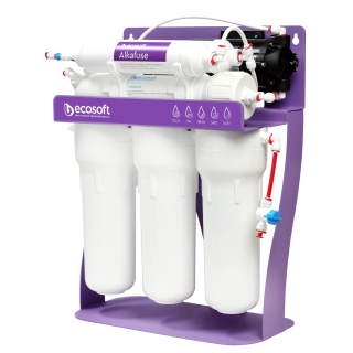 Filtr odwróconej osmozy BWT Ecosoft Pure Alkafuse z pompą na metalowym stojaku. Filtr z wodą alkaiczną Ecosoft MO675MALCPSECO.