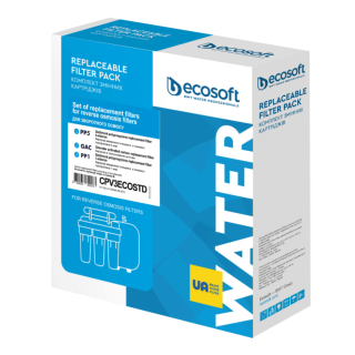 Standardowy zestaw filtrów Ecosoft zamiennych do filtrów odwróconej osmozy. Zestaw na serwis półroczny. Pasuje do filtrów RO5, RO6, RO7.