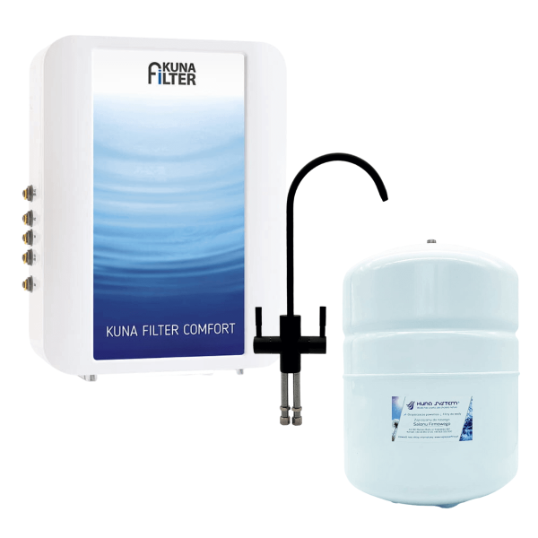 Kuna Filter Comfort z podwójnym, czarnym kranem do wody filtrowanej. Czysta woda z minerałami prosto z kranu.