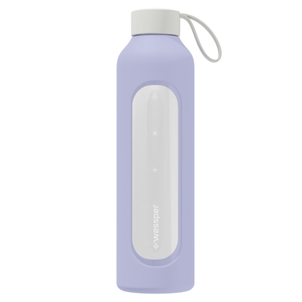 Butelka na wodę WESSPER - szklana butelka w silikonowym etui - fioletowa 500 ml