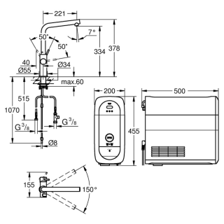 Wymiary GROHE Blue Home OHM sink L-spout EU