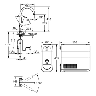 Wymiary GROHE Blue Home OHM sink C-spout EU