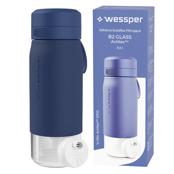 WESSPER - szklana butelka filtrująca niebieska