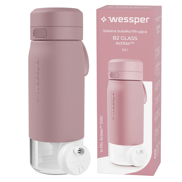 WESSPER - szklana butelka filtrująca różowa