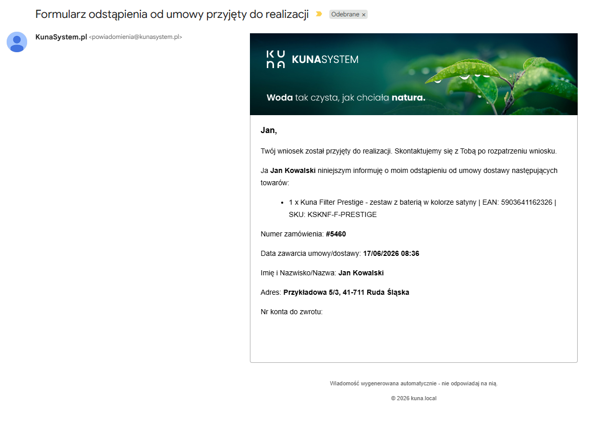 Wiadomość email potwierdzająca zwrot