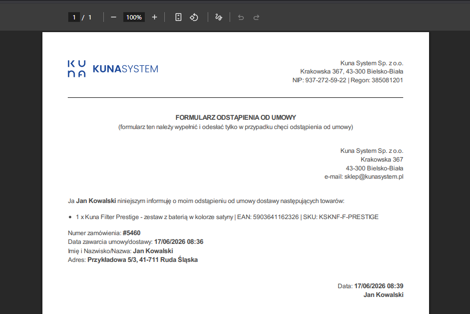 Dokument PDF potwierdzenia zwrotu
