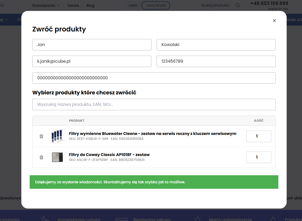 Uniwersalny formularz zwrotu modal